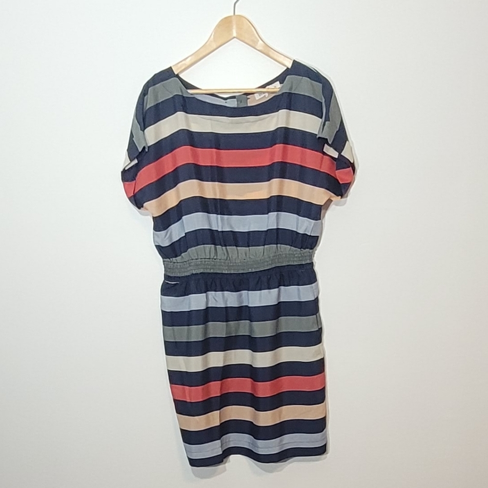 BCBGeneration Stripped Cap Sleeves Pocket Lightweight Lined Crossed Back Dress L